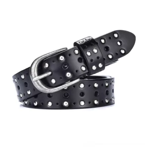 Black studded genuine leather gothic belt with silver metal studs and vintage buckle - flat lay product photography
