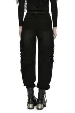 Black gothic ripped jeans back full-body view showing mesh lining and frayed details