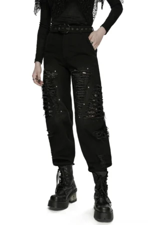 Black gothic distressed studded jeans with mesh paneling front full-body view on model