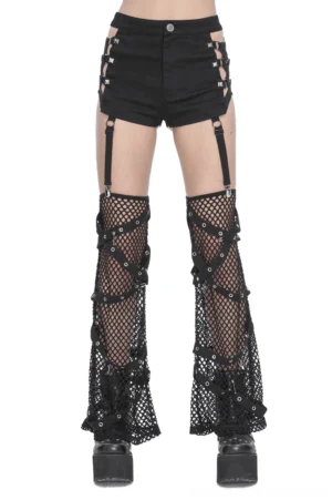 Black studded mesh garter gothic shorts front view on model, festival-ready punk aesthetic