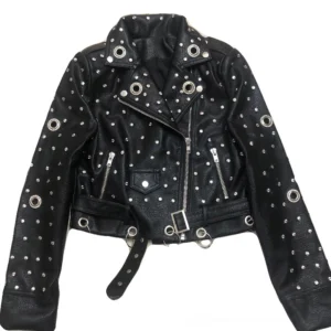 Black studded faux leather biker jacket front flat lay with all-over star rivets and waist belt detail