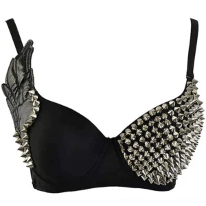 Black studded push-up bra with silver pyramid studs and wing harness detail, front view on white background