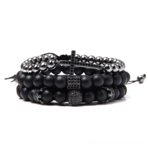 Black Style 1 gothic multi-strand cross bracelet with matte black beads and dark silver cross charm