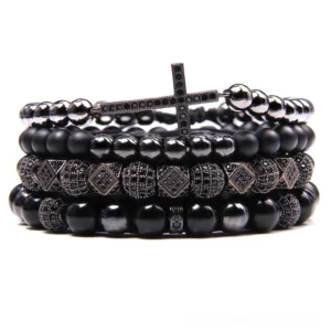 Black Style 2 industrial gothic bracelet set with glossy black beads and gunmetal geometric spacers