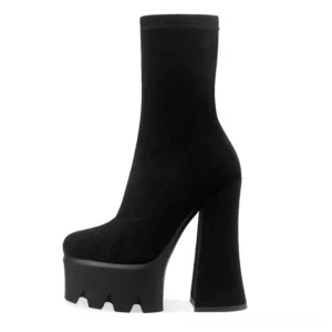 Women's black suede platform ankle boots with side zipper, serrated rubber sole, and square block heel - gothic alternative footwear