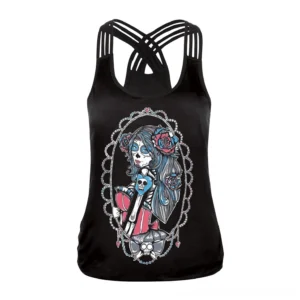 Black sugar skull gothic tank top front view with Day of the Dead print and crisscross back straps design