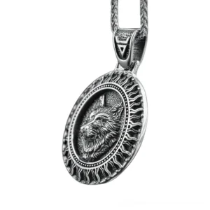 Wolf sun amulet pendant necklace side profile view silver stainless steel gothic slavic