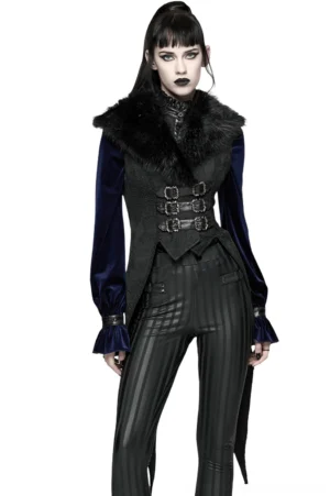 Black swallowtail waistcoat with plush velvet lapel worn by model, front oblique view showcasing buckles and split tail hem