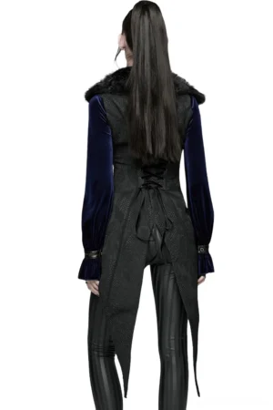 Gothic waistcoat rear view displaying back corset lace-up design and swallowtail split hem on model