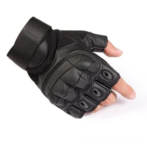 Black half-finger tactical gloves worn on mannequin hand, showing padded knuckle protection and velcro wrist strap