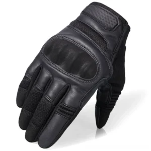 Black tactical hard knuckle gloves front view with rigid finger joint armor protection