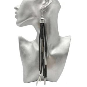 Black silicone tassel gothic earrings displayed on silver ear mannequin showcasing 25cm length and movement