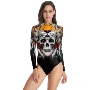 Black tribal tiger skull long-sleeve gothic one-piece swimsuit front view on model – dark occult print design