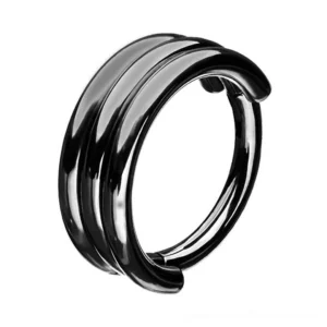 Black matte triple layer hinged clicker nose ring front view - gothic segment piercing jewelry