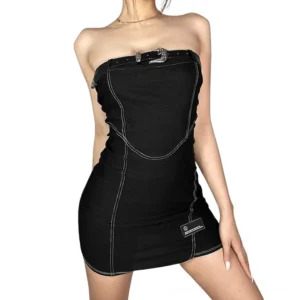 Black strapless bodycon mini tube dress with chest belt detail on female model, front view against white background