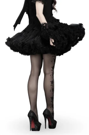 Black gothic tulle skirt back view showing voluminous silhouette and satin waistband detail