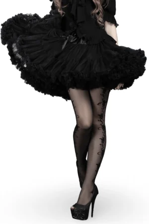Black tulle gothic puff skirt front view worn by model with floral stockings and platform heels