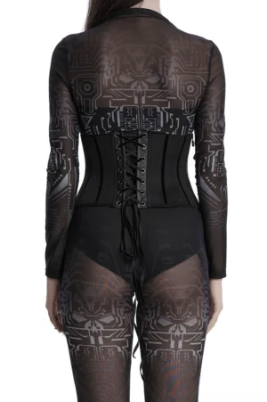 Black gothic underbust corset back view, showcasing lace-up closure and adjustable back drawstring design