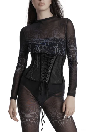 Black lace-up underbust corset with mesh panels, front view on model wearing cyber-inspired sheer top and tights
