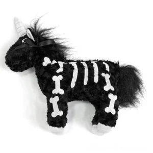 Black fluffy unicorn skeleton handbag flat lay frontal view with white skeleton pattern, black ribbon neck accent, and white horn detail