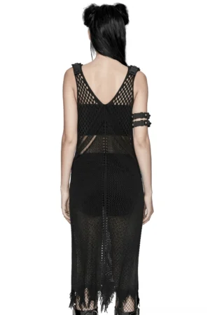 Black V-neck crocheted midi dress with open back cutout and adjustable leather straps - rear view