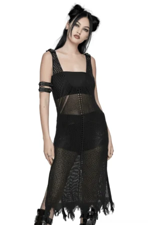 Black V-neck crocheted midi dress with faux leather shoulder straps - front view on model