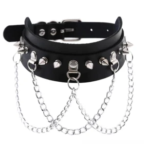 Black vegan leather spiked choker with zinc alloy cone rivets and multi-layer chains - front view