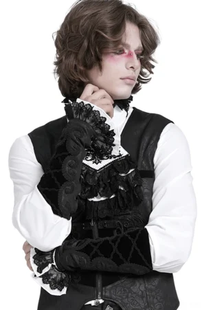 Black velvet gothic arm cuffs with lace-up back and baroque embroidery, displayed on male model with alternative makeup in studio setting
