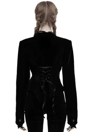 Black velvet gothic jacket back view showing lace-up corset ribbon detail with metal eyelets