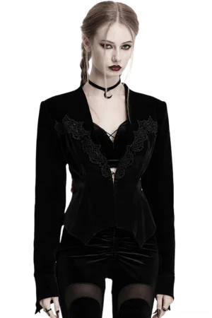 Black velvet bat wing gothic jacket with vintage lace collar, front view on model with braided hair