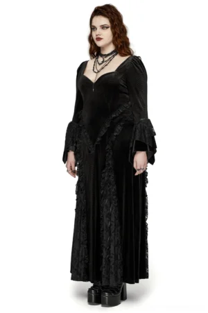 Black gothic lace maxi dress side profile on model, displaying asymmetrical flared sleeves and floor-length hem with lace detailing