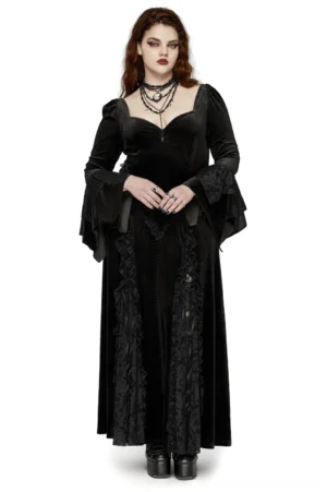 Black velvet bat wing maxi dress front full-body view on model, showcasing sweetheart neckline and flared lace sleeves