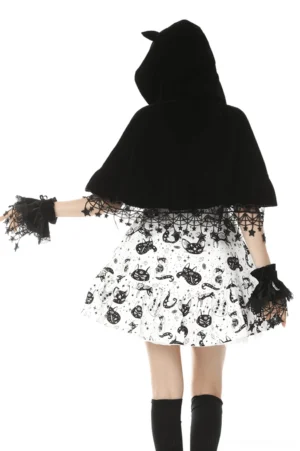 Black velvet cat ear cape back view with printed gothic skirt and black stockings - full-body shot