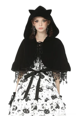 Black velvet cat ear gothic cape with lace star tassels - front full-body view on female model wearing gothic lolita outfit