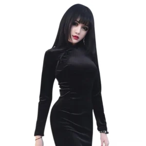 Black velvet cheongsam dress on model with gothic styling and straight hair