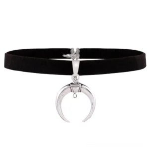 Black velvet gothic choker with crescent moon pendant displayed on flat white background showing full product design