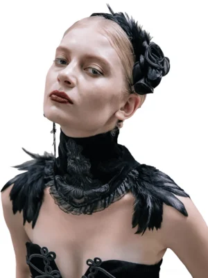 Black velvet feather gothic choker collar worn by model - front close-up view showing intricate lace embroidery and feather shoulder details