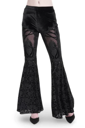 Black velvet flare gothic pants with lace embroidery and mesh cutout panels - front full-body view on model