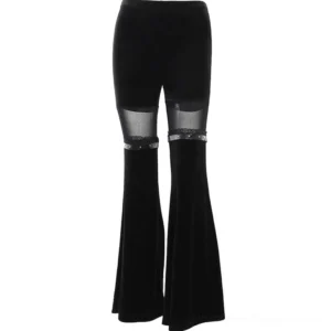 Flat lay front view of black velvet gothic flare trousers with mesh panels and studded leather details
