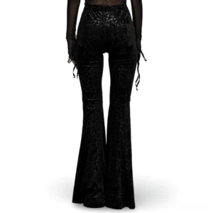 Black velvet flare pants with geometric side lacing – rear view showing high waist and lace details