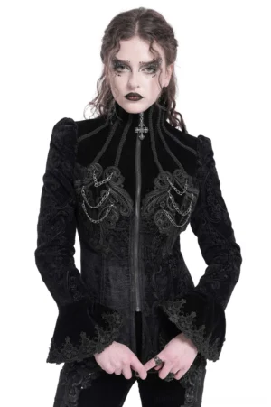 Black velvet gothic blazer front three-quarter view, female model wearing ornate embroidered jacket with chain details and bell sleeves