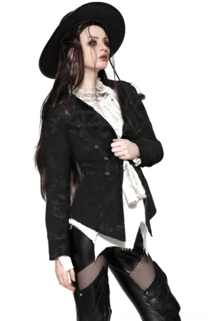 Black velvet gothic blazer with lace trim front three-quarter view on model showing asymmetrical cut and statement skull buttons