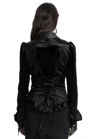 Black velvet gothic blouse lace-up corset back and ruffled hem rear view worn by model