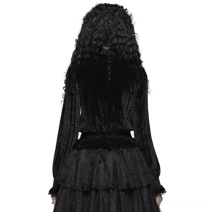 Back view of black Gothic velvet blouse displaying back button closure, shirred waist, and ruffled collar detail on female model