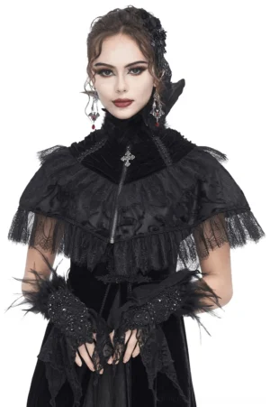 Black velvet gothic cape with feather collar front view on model, embossed damask velvet with beaded lace trim and cross zipper detail