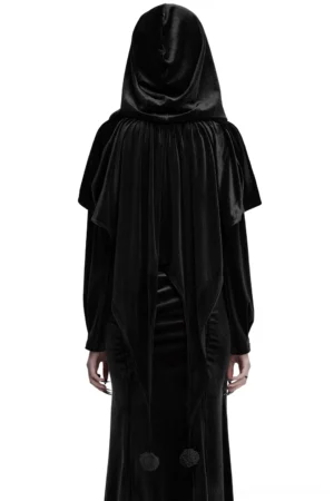 Black velvet hooded gothic cape rear view on mannequin showcasing elongated back hem adorned with fluffy pom-pom tail details