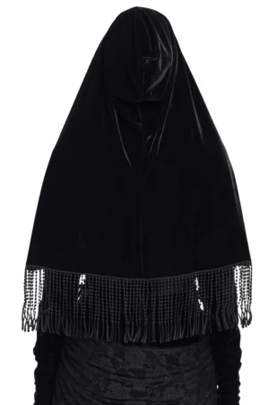 Rear view of gothic velvet hooded cape on mannequin displaying full hood design, smooth velvet fabric, and decorative beaded fringe hemline