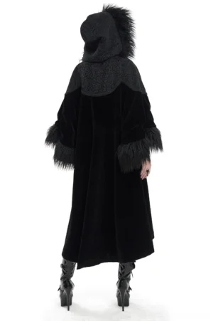 Gothic velvet long cape with faux fur hood rear view, female model showing back silhouette and flowing design
