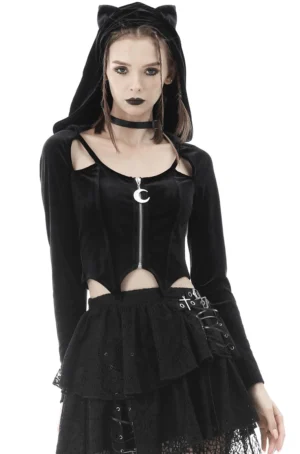 Black velvet Gothic cat-ear batwing hoodie front view on model, full-body shot showcasing dramatic silhouette and silver crescent pendant charm