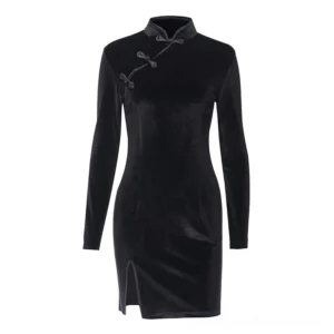 Black velvet gothic cheongsam dress flat lay front view with mandarin collar and frog buttons